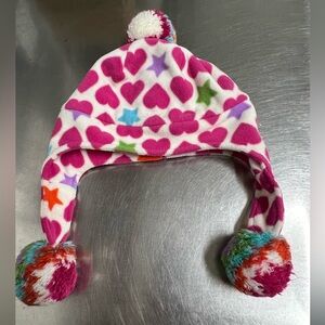 Gap Kids Pink and White Heart and Stars Pattern Pom Pom Beanie Size L/XL - VGUC